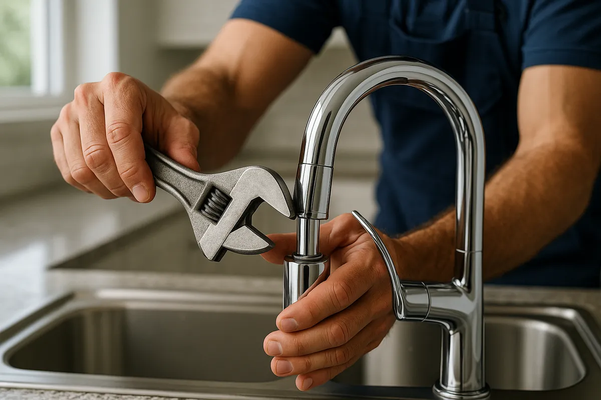 A plumber's hands hold an adjustable wrench above a chrome faucet, highlighting skilled local plumbing work.