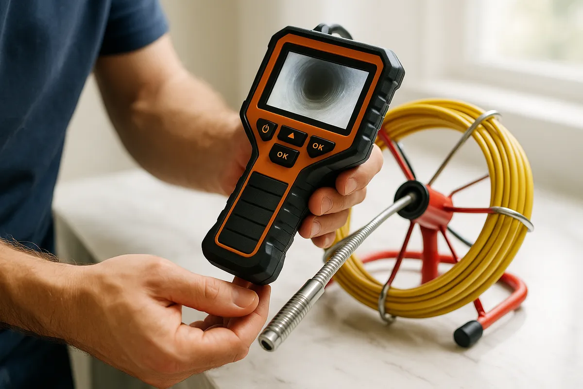 A pipe inspection camera used to assess plumbing conditions, relevant to pricing factors in plumbing services.